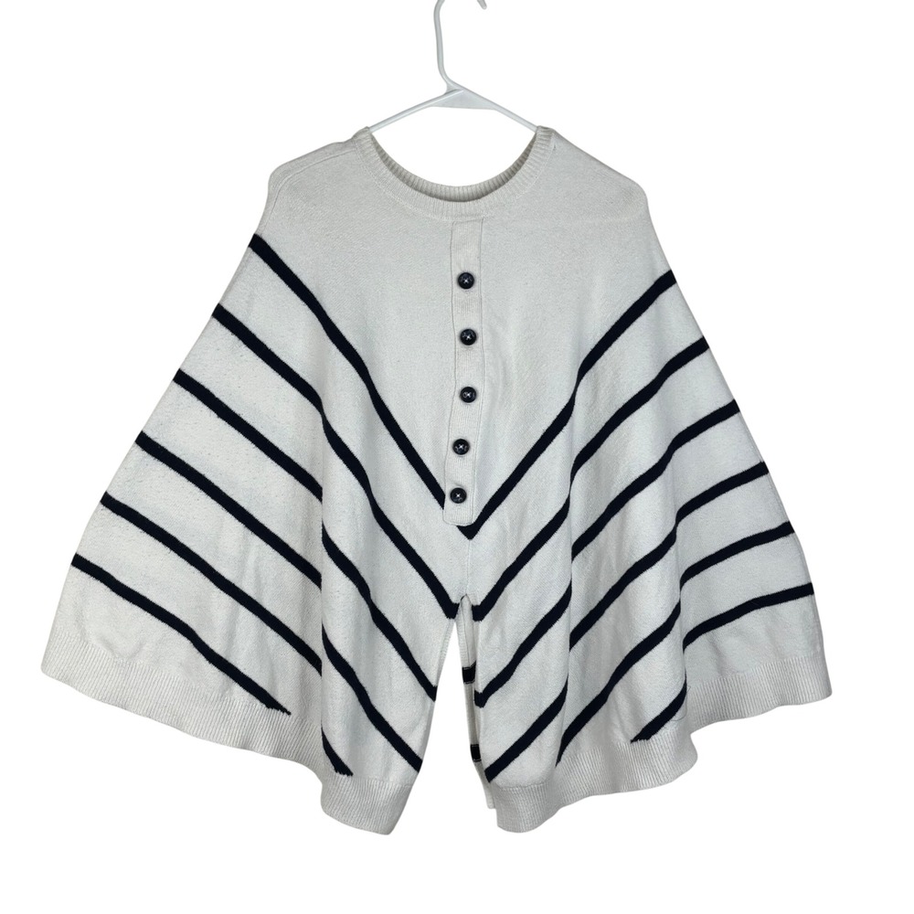 J. Jill Poncho Sweater Womens One Size White Navy Blue Striped Cotton Blend Knit